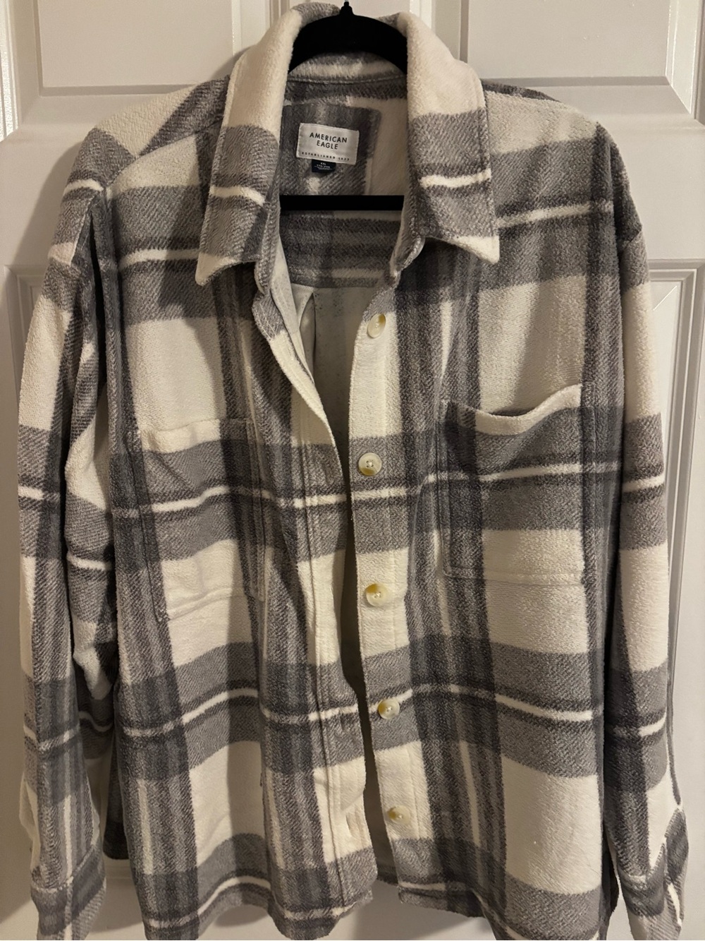 American Eagle Outfitters Women's Cream & Gray Plaid Shacket Jacket